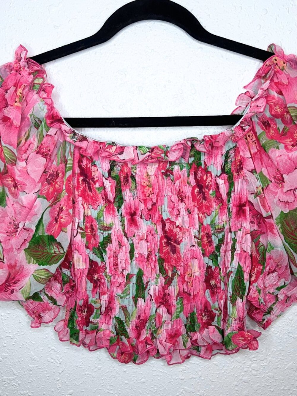 Zara Pink Green Floral Ruffle Smocked Short Sleeve Crop Top